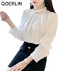 Camicette da donna Camicie QOERLIN OL Stile Ladies Temperamento Perline Solido Camicia bianca Top Coreano Moda Colletto alla coreana Manica lunga Abbigliamento da lavoro B