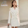 Ael Women White Blazer Sukienka Wiosna Biuro Nosić Elegancka Łańcuch Dwurzędowy Minidress Slim Garnitur Płaszcz 210930