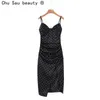 Été Sexy col en v mode noir à pois imprimé fendu licou sangle robe mi-longue pour les femmes Vestidos De Mujer décontracté 210508