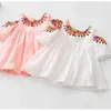Милый 2-6 8 10 лет Дети Хлопок белый розовый Print Wrap Princess без бретелек с плеча платье лето для детей Baby Girls 210414
