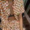 Casual Kadın Lounge Giyim Yaz Ekose Eşofman Şort Set Kısa Kollu Gömlek Üstleri Ve Mini Şort Takım 2021 Yeşil Iki Parçalı Set Y0702