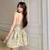 Ezgaga Floral Printed Sexy Dress Women V-Neck Painting Spaghetti Strap Holiday Beach Style Korean Fashion Vintage Dress Chic 210430