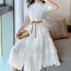 Robe en lin blanc es femmes taille haute élégante à manches courtes mi femme Vintage col rond Vestidos Mujer printemps 210603