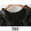 Traf Women Sexy Fashion Faux Leather Puff Sleeve Cropped Bluses Vitnage Backless Drawstring Female Shirts Chic Tops 210415