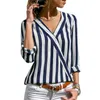 Sommer Frauen Gestreifte Bluse V-ausschnitt Langarm Shirts Casual Tops Arbeitskleidung Chiffon Hemd Plus Größe Damen Blusen 210608