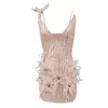 Casual Dresses Y2k Pink Feather Mini Dress For Women Sexy Deep V Neck Spaghetti Straps Party Sleeveless Sequins Glitter Robes Vestidos