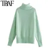 TRAF Women Fashion Soft Touch Loose Knitted Sweater Vintage High Neck Long Sleeve Female Pullovers Chic Tops 210415