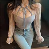 Ezdgaga Koreańscy Sexy Kobiety Koszulki Chic Lace Up Fashion Hollow Out Długi Rękaw Rękawy Niski Cut Mesh Kobieta Crop Tops Clubwear 210430