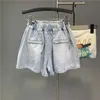 Summer European Femmes Exquis Denim Shorts Dames Mode Plus Taille Lâche Large Jambe A-Line Jeans Pantalon 210629