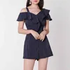 Women Rompers Short Black Navy Wine Red Pink Ruffle V Neck Striped Pocket Playsuits Sleeve Asymmetrical J0059 210514