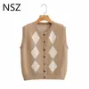 NSZ Women Argyle Style Sweater Vest Fall Fashion Crop Top Mouwloze Rhombus gebreide Cardigan Jumper Tank Waistcoat 210909