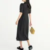[EAM] Women Black Long Vintage Double Breasted Dress Lapel Short Sleeve Loose Fit Fashion Spring Summer 1DD6000 210512