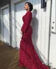 2021 Burgundy Muslim Formal Evening Dresses Mermaid Style Long Sleeve Sweep Train Lace 3D Floral Flowers Prom Party Gowns Special Occasion Wear