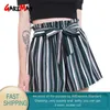 Womens Shorts Summer Lace Up Beach Wide Leg Female Loose Sexy Red Stripe Ruffle High Waisted For Women 210428