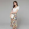 Summer Women Tops and SKirts white puff sleeve Crop Top +Floral Print Bodycon Mermaid Skirt Suits Elegant Office Two Pieces Set 210529