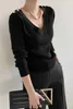 Spring Autumn Fashion Sweater for Women Slim Sexy V Neck Long Sleeve Black Korean Tops Woman Knitted Sweaters 210525