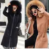 Women's Wool & Blends Autumn Winter Women Long Coats Solid Hooded Zipper Jackets With Fur Adjustable Waist Cotton Overcoat 47-120KG