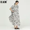 [EAM] Frauen Druck Muster Große Größe Lange Kleid Stehkragen Kurzarm Lose Mode Frühling Sommer 1DD7205 21512
