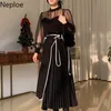 Neploe Korean Blouse Women Stand Neck Gauze Patchwork Puff Sleeve Shirt Lace Up Pleated Dresses Elegant Tops Chic Clothes 4H124 210422