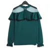 Women White Green Ruffle Chiffon Full Sleeve Long Shirt Blouse B0144 210514