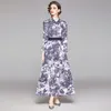 Höstdesigner Runway Dress Wrist Sleeve Maxi Klänning Kvinnors Slå ner Collar Wild Floral Print Vintage Long Slim Dress 210514