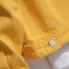 2色のステッチメンズセット春秋黄色と白のデニムジャケット +プリーツオートバイストレッチジーンズ2ピースセット