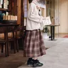 Japon Tarzı Elastik Yüksek Bel Uzun Etekler Bayan Sonbahar Ekose A-Line Pileli Kadın Kış Yün Sıcak Streetwear 210421