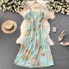 Bohemian Floral Pleated Long Dress Women Sexy Slash Neck Draped Spaghetti Strap Robe Kvinna Casual Chiffon Beach Vestidos Sommar Y0603