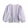 Sweet Women V Neck High Waist Blouse Spring-Höst Mode Ladies Street Female Shirt Puff Sleeve Stripes 210515