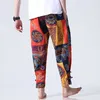 Men Fashion Floral Cotton Pants Casual Wide Legs Patalones Loose Fitness Pants Baggy Button Ankle Length Trousers Ethnic Style X0723