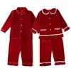 Winter Boutique Samt Stoff Rot Kinder Kleidung Pjs mit Spitze Kleinkind Jungen Set Pyjamas Mädchen Baby Nachtwäsche 211109