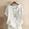 夏のファッション女性半袖TシャツボタンデザインコットンリネンOネックティーシャツフェムムトップスプラスサイズM119 210512