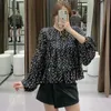 Za Camicetta a rete a pois metallizzati da donna Camicia vintage a maniche lunghe a sbuffo ampia Camicia femminile chic con bottoni sul davanti O Collo Top a pieghe 210602