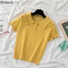 Lato Solidna koszulka Kobiety Krótki Rękaw Dziane Tshirts Slim Korean Moda Tees Peter Pan Collar Ruffles Casual Topy 210519