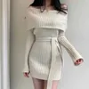 キムトモニットドレス女性秋韓国ファッション女性ソリッドスラッシュネックオフショルダーハイウエストボディコンミニVestidos 210521