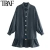 Traf Women Chic Fashion Button-up Ruffled Mini Shirt Dress Vintage Long Sleeve Loose Female Dresses Vestidos Mujer 210415
