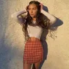 Women checked mini skirt with two small front slits plaid cut cara summer beach vintage retro spring short 210415