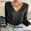 Moda Kadınlar Siyah Zincir Gömlek Uzun Kollu Seksi V Boyun Bluz Bahar Dış Giyim Tops Blusas Ince 210601