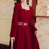 Yosimi lång klänning för kvinnor röd fyrkantig krage full ärm passform och flare höst vinter broderi party klänningar 210604