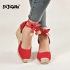 Frühling Sommer Frauen Casual Leinen Leinwand Keil Sandalen Close Toe Ankle Strap Med Ferse Damen Plattform Pumpe Schuhe Drop Schiff