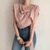 夏のピンクのカジュアルなファッション全てのエレガントな積まれた襟のストリーマーデザインセンスルーズ不規則なシャツトップ女性16F0824 210510