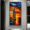 Decorações de parede de paisagem moderna pintura em tela para sala de estar barco oceano pôr do sol vermelho céu pintura a óleo decoração de casa nórdica