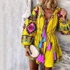 Tassel Sashes Mini Dresses Women Summer Autumn Sexy V-Neck Boho Dress Bohemian Floral Printed Beach Vestidos