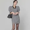 Plaid Office Lady Pencil Dress Spring bottoming High Waist Lace Splice V-Neck Puff Sleeve Elegant OL Work 210529