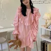 [EWQ]春の新しい女性韓国のシックなレトロな甘いoネック固体フリルの不規則な長袖カジュアルシャツのドレス女性210423