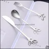 Flatware Sets Kitchen, Dining & Bar Home Garden Stainless Steel Knife Fork Spoon Creative Branch Leaves Coffee Stirring Spoons Dessert Kitch