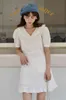 Ruffle White Summer Mini Dress Women Cotton V Neck Jacquard Tunic Puff Sleeve A Line Short 210427