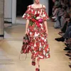 Runway Designer Flower Summer Dress Women's Cold Cut Out Shoulder Slash Neck Red Rose Floral Print Sundress Party 210520