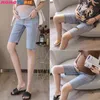 Moederschap grote maat denim shorts casual elastische taille kant caprip mode rhinstone patchwork broek zwangerschap buik jeans korte 210713