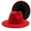 黒と赤のパッチワークフェドーラ帽子女性男性パナマトリルビーフェルトキャップ紳士レディースパーティー教会結婚式フェドーラ帽
